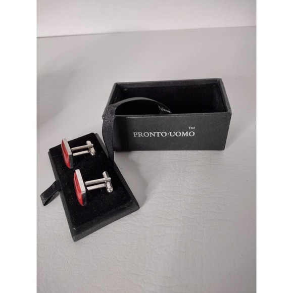 Pronto Uomo Cufflinks Bullet Back type Rectangular Shape Red - Picture 2 of 2